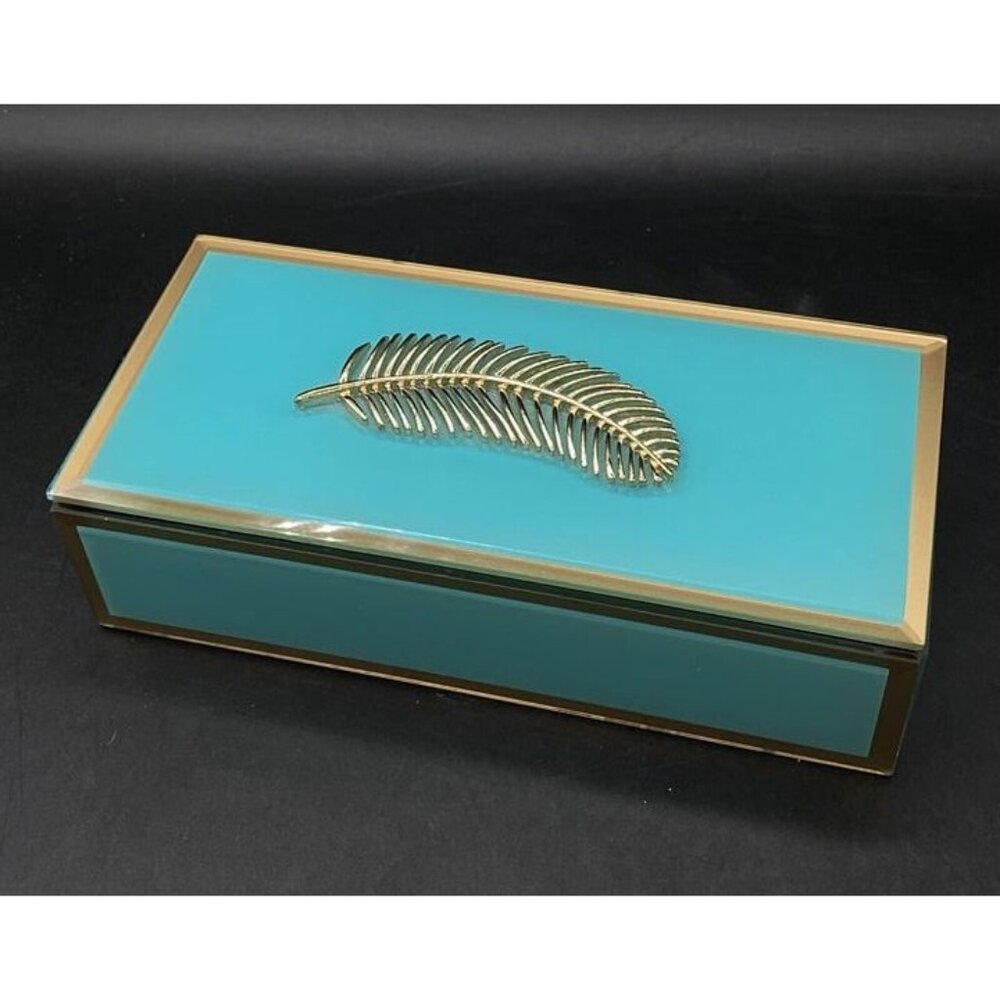 Jewelry Case Teal With Gold Feather Storage Box Black Velvet Lined Box - Picture 9 of 9